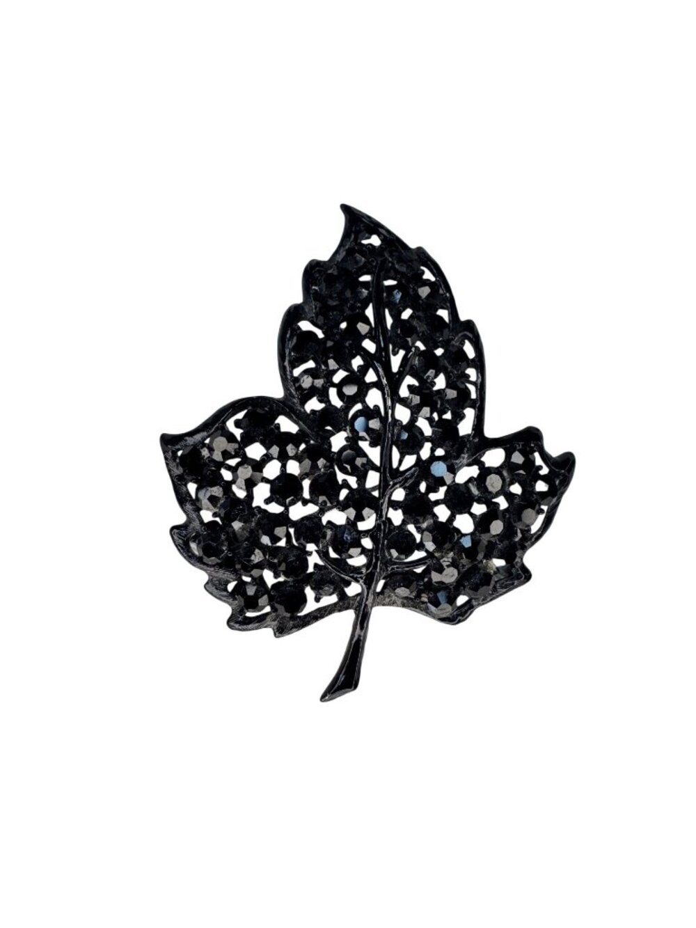 Weiss Black Crystal Enamel Leaf Brooch Vintage Mid Century